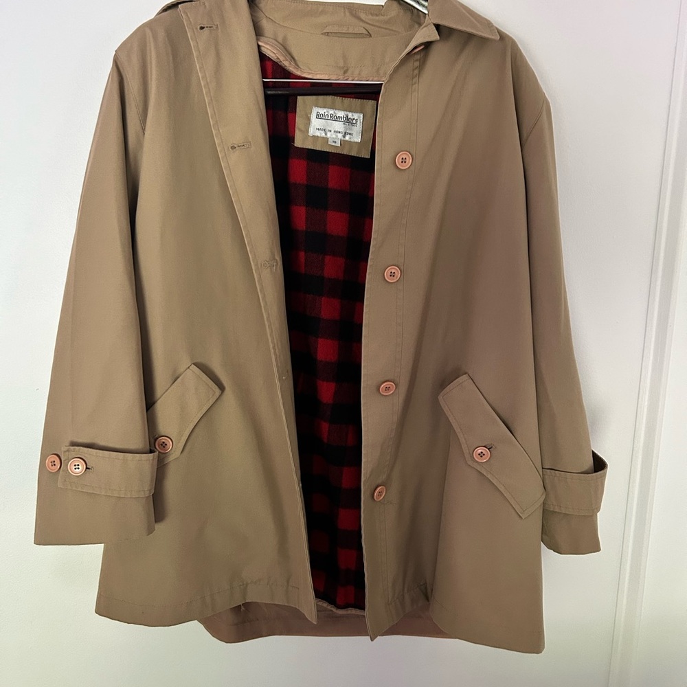 Tan Trench Coat Jacket with Red and Black Plaid Lining by Rain Ramblers size 10